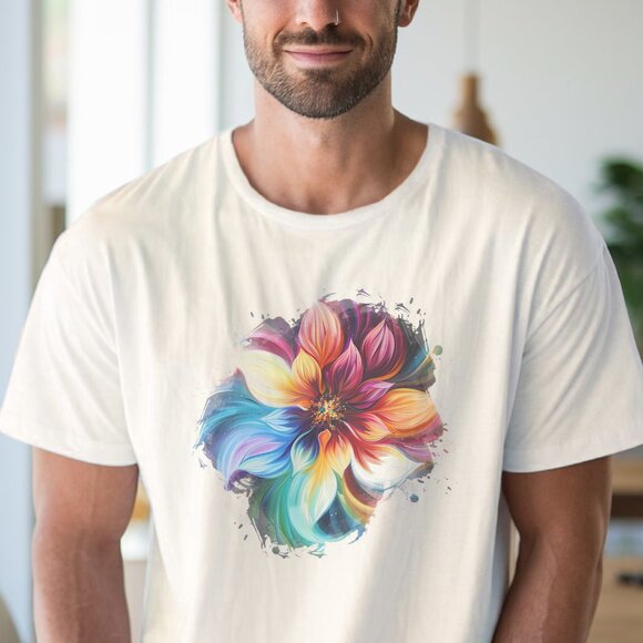 Vibrant Watercolor Dahlia Tee Colorful Floral Graphic Shirt - Picture 4 of 6